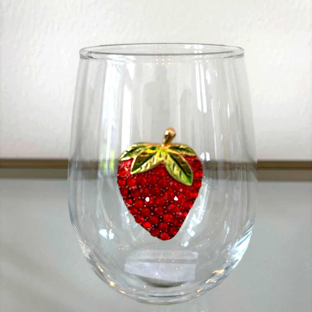 Jeweled Rhinestone STRAWBERRY Stemless Wine Glass Chic Summer Barware New